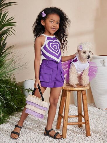 Floerns Toddler Girl's 2 Piece Outfit Heart Print Cami Top with Flap Pocket Shorts Set in Saudi Arabia