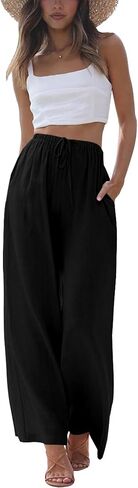 Women's Summer Cotton Linen Wide Leg Pants Drawstring Casual Flowy Palazzo Beach Trousers with Pockets in Saudi Arabia