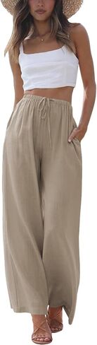 Women's Summer Cotton Linen Wide Leg Pants Drawstring Casual Flowy Palazzo Beach Trousers with Pockets in Saudi Arabia