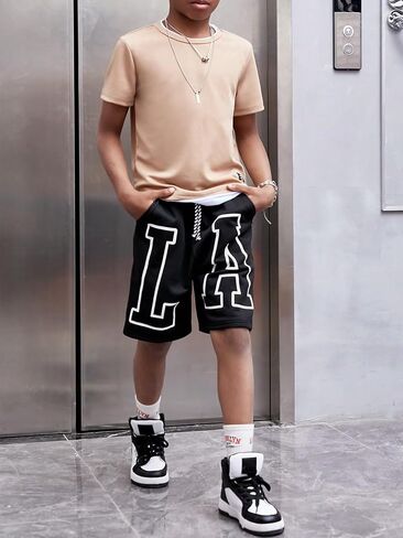 Floerns Boy's Letter Print Drawstring Waist Athletic Running Track Shorts in Saudi Arabia