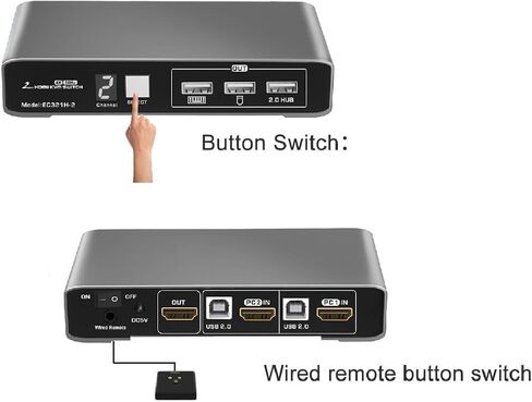 2 منفذ HDMI USB 2.0 KVM Switch 4K@60 هرتز مع جهاز تحكم سلكي لجهازي كمبيوتر وشاشة واحدة، كابلات جسم من الألومنيوم بشاشة رقمية متضمنة in Kuwait