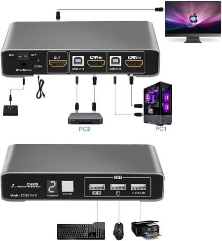 2 منفذ HDMI USB 2.0 KVM Switch 4K@60 هرتز مع جهاز تحكم سلكي لجهازي كمبيوتر وشاشة واحدة، كابلات جسم من الألومنيوم بشاشة رقمية متضمنة in Kuwait