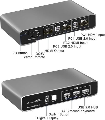 2 منفذ HDMI USB 2.0 KVM Switch 4K@60 هرتز مع جهاز تحكم سلكي لجهازي كمبيوتر وشاشة واحدة، كابلات جسم من الألومنيوم بشاشة رقمية متضمنة in Kuwait