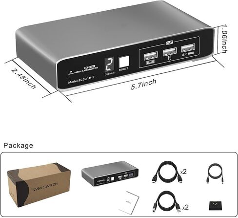 2 منفذ HDMI USB 2.0 KVM Switch 4K@60 هرتز مع جهاز تحكم سلكي لجهازي كمبيوتر وشاشة واحدة، كابلات جسم من الألومنيوم بشاشة رقمية متضمنة in Kuwait