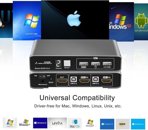 2 منفذ HDMI USB 2.0 KVM Switch 4K@60 هرتز مع جهاز تحكم سلكي لجهازي كمبيوتر وشاشة واحدة، كابلات جسم من الألومنيوم بشاشة رقمية متضمنة in Kuwait