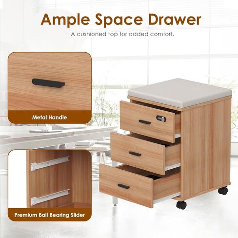 Soohow 3 Mobile Smart Lock Small Rolling Desk Unit Storage Drawers Black Filing Cabinet for Home Office Business, Brown in Kuwait