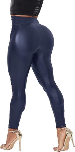 Women's Stretchy Faux Leather Leggings Pants Sexy High Waisted Pleather Tights Elastic Shaping Hip Push Up PU Tights in Saudi Arabia