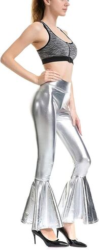 Women Flare Shiny Leggings Metallic Mermaid Stretchy Ruffle Bell Bottom Pants for Women Disco High Waist Legging (Silver, XX-Large) in Kuwait