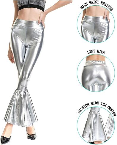 Women Flare Shiny Leggings Metallic Mermaid Stretchy Ruffle Bell Bottom Pants for Women Disco High Waist Legging (Silver, XX-Large) in Kuwait