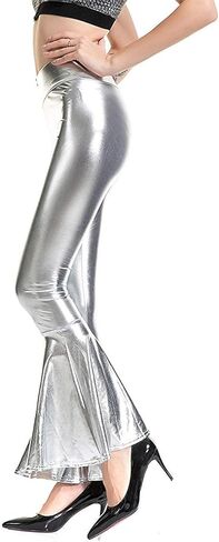 Women Flare Shiny Leggings Metallic Mermaid Stretchy Ruffle Bell Bottom Pants for Women Disco High Waist Legging (Silver, XX-Large) in Kuwait