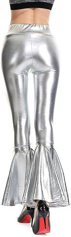 Women Flare Shiny Leggings Metallic Mermaid Stretchy Ruffle Bell Bottom Pants for Women Disco High Waist Legging (Silver, XX-Large) in Kuwait