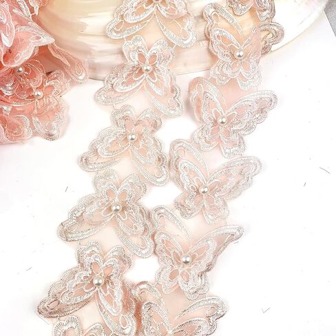 2Yard Organza Butterfly Pearl Embroidered Lace Edge Trim Ribbon,Lace Ribbon Trim Embroidered Sewing Lace Trim Applique Fabric for Decorations Crafts Supplies-Peach in Saudi Arabia