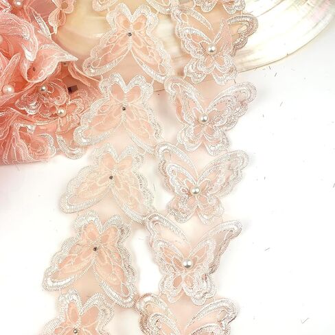 2Yard Organza Butterfly Pearl Embroidered Lace Edge Trim Ribbon,Lace Ribbon Trim Embroidered Sewing Lace Trim Applique Fabric for Decorations Crafts Supplies-Peach in Saudi Arabia