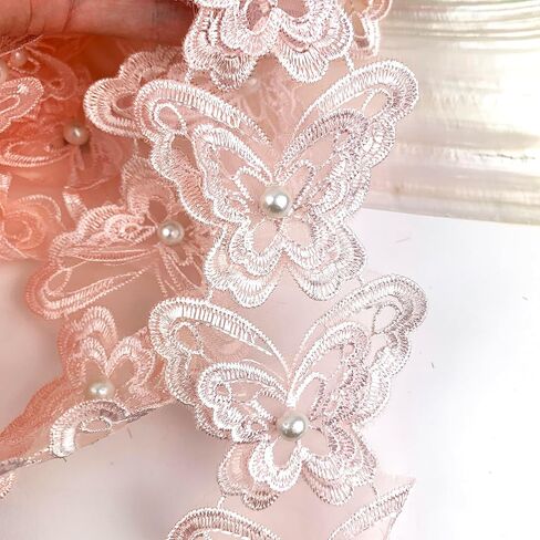 2Yard Organza Butterfly Pearl Embroidered Lace Edge Trim Ribbon,Lace Ribbon Trim Embroidered Sewing Lace Trim Applique Fabric for Decorations Crafts Supplies-Peach in Saudi Arabia