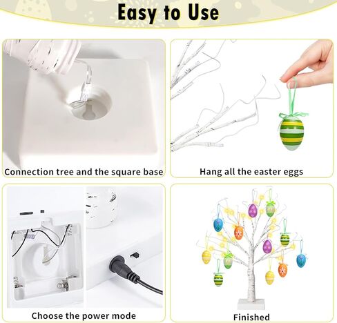24" Easter Lighted Birch Tree with 12pcs Ornaments,Warm White LEDs Birch Tree Light Tabletop Artificial Tree 8 Lighting Modes USB or Batteries Operated with Timer for Easter Decor in Kuwait