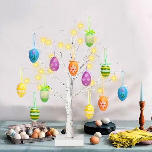 24" Easter Lighted Birch Tree with 12pcs Ornaments,Warm White LEDs Birch Tree Light Tabletop Artificial Tree 8 Lighting Modes USB or Batteries Operated with Timer for Easter Decor in Kuwait