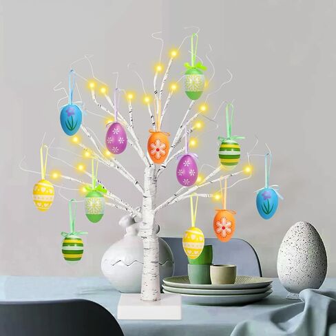 24" Easter Lighted Birch Tree with 12pcs Ornaments,Warm White LEDs Birch Tree Light Tabletop Artificial Tree 8 Lighting Modes USB or Batteries Operated with Timer for Easter Decor in Kuwait