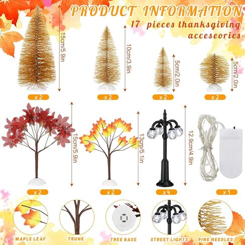 Namalu 17 قطعة مجموعة زينة إكسسوارات القرية، أشجار القيقب الخريفية وأشجار الصنوبر ومصابيح الشوارع الليلية، مجموعة تمثال صغير بسلسلة إضاءة LED لعيد الميلاد وعيد الشكر وحفلات طاولة المدينة in Kuwait