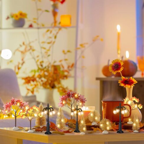 Namalu 17 قطعة مجموعة زينة إكسسوارات القرية، أشجار القيقب الخريفية وأشجار الصنوبر ومصابيح الشوارع الليلية، مجموعة تمثال صغير بسلسلة إضاءة LED لعيد الميلاد وعيد الشكر وحفلات طاولة المدينة in Kuwait