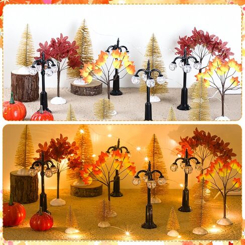 Namalu 17 قطعة مجموعة زينة إكسسوارات القرية، أشجار القيقب الخريفية وأشجار الصنوبر ومصابيح الشوارع الليلية، مجموعة تمثال صغير بسلسلة إضاءة LED لعيد الميلاد وعيد الشكر وحفلات طاولة المدينة in Kuwait