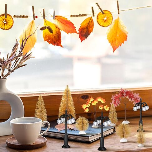 Namalu 17 قطعة مجموعة زينة إكسسوارات القرية، أشجار القيقب الخريفية وأشجار الصنوبر ومصابيح الشوارع الليلية، مجموعة تمثال صغير بسلسلة إضاءة LED لعيد الميلاد وعيد الشكر وحفلات طاولة المدينة in Kuwait
