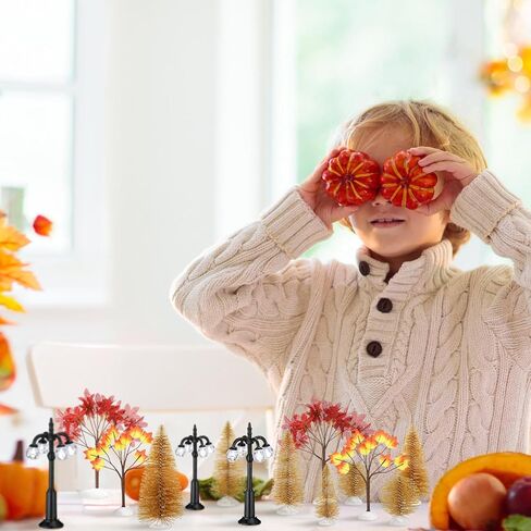 Namalu 17 قطعة مجموعة زينة إكسسوارات القرية، أشجار القيقب الخريفية وأشجار الصنوبر ومصابيح الشوارع الليلية، مجموعة تمثال صغير بسلسلة إضاءة LED لعيد الميلاد وعيد الشكر وحفلات طاولة المدينة in Kuwait