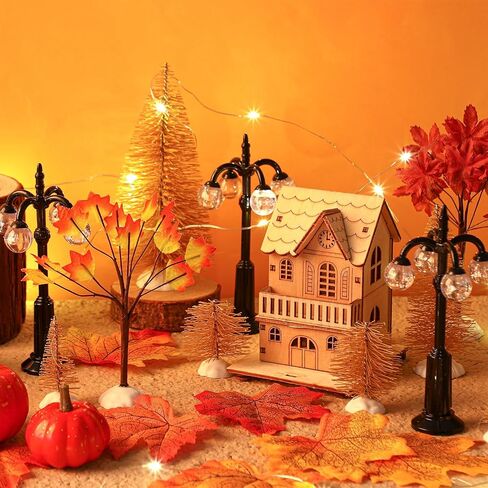 Namalu 17 قطعة مجموعة زينة إكسسوارات القرية، أشجار القيقب الخريفية وأشجار الصنوبر ومصابيح الشوارع الليلية، مجموعة تمثال صغير بسلسلة إضاءة LED لعيد الميلاد وعيد الشكر وحفلات طاولة المدينة in Kuwait