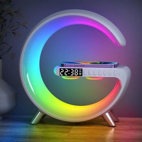 مصباح مكبر صوت بلوتوث BKDRL مع شاحن لاسلكي، ضوء ليلي RGB، ساعة منبه، تحكم في التطبيقات - أبيض in Saudi Arabia