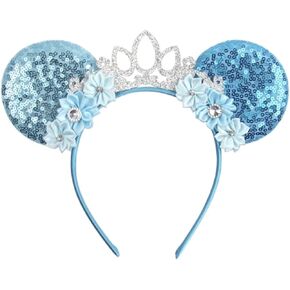 CLGIFT Frozen Inspired Minnie Ears, Elsa Ears, Elsa Minnie Ears, Blue Minnie Ears (Blue/Silver)