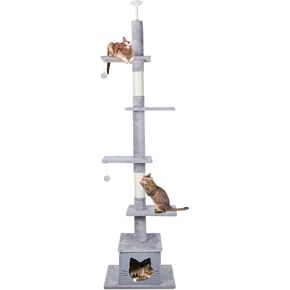 Ownpets Floor to Ceiling Cat Tree Adjustable Height [90-108Inches=229-275cm] 6 Tiers Cat Tower Fit for 7-9 Feet Ceiling with Cat Condo and Sisal Post Scratcher for Indoor Grey, Exercise and Privacy