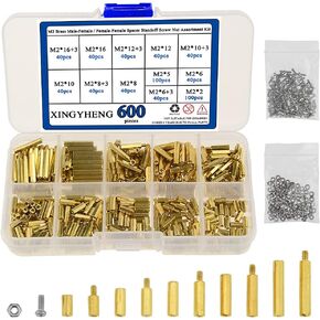 XINGYHENG 600pcs M2 Brass Male-Female/Female-Female Spacer Standoff Screw Nut Assortment Kit and Stainless Steel Screw Nut Set (Brass M2)
