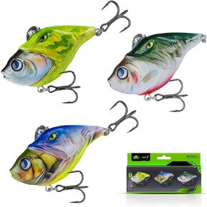 HANDING M1 Lipless Crankbait Fishing Lure with Mustad Hook, Freshwater or Saltwater Bass Hardbait, Vibrations Built-in Rattle Trap, Original Design, Angler's Gift, 3/8oz, 1/2oz and 1oz (3 Pack)