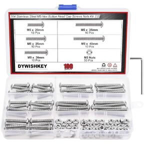 100 Pieces M5 x 20mm/25mm/30mm/35mm/40mm Stainless Steel 304 Hex Button Head Cap Bolts and Nuts Kit