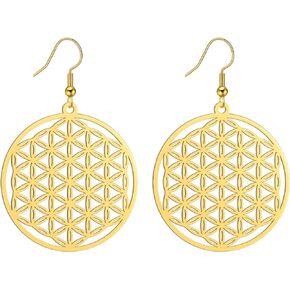 Amaxer Flower of Life Seed of Life Mandala Sacred Geometry Protection Statement Hollowed Out Pendant Charm Drop Dangle Earrings (style 2, gold)