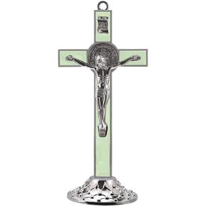 7.5 Inch Metal Enamel Saint Benedict Standing Crucifix Removable Base Glow in The Dark Crucifix Wall Cross Home Altar Christian Chapel Decor Religious Gift (Blue)