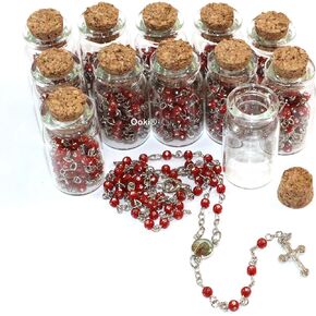 12pcs Rosary in Glass Jar Bottle Beads Red Beaded Rosary Silver Catholic Crucifix Necklace Virgin Mary lot of 12
