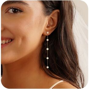 Pearl Earrings for Women，Gold/Silver Dangle Earrings White Long Drop Pearl Dangling Earrings Bridal Wedding Dainty Prom Earrings Birthday Gifts Jewelry