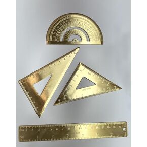 Golden Brass Ruler Stationery Set, (Durable Brass Isosceles - Right Triangular Ruler1, Solid Brass Ruler 18cm Scale1, Right Triangular Brass Ruler1, Solid Brass Protractor1)