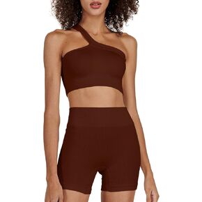 Workout Outfits for Women 2 Piece Seamless One Shoulder Sexy Bra High Waist Yoga Running Shorts
