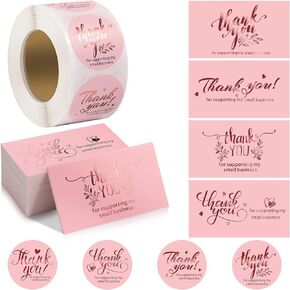 600 Pieces Thank You For Supporting My Small Business Cards and Stickers Set - Pink Gold Foil Thank You Cards for Retail Store Package Insert Envelope Seals Business Owner Sellers