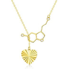 SISGEM 14K Real Gold Happiness Serotonin Molecule Necklace for Women,Yellow Gold Diamond-Cut Heart Y-Necklaces with Moissanite,Science Jewelry for Teacher,Professor,Chemistry Grad,16''-18''