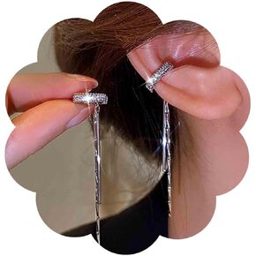 Boho Cz Circle Cuff Earrings Silver Crystal Long Chain Dangle Earrings Tassel Chain Ear Cuff Earrings Rhinestone Ring Helix Chain Earring Non Pierced Clip on Earrings Jewelry for Women and Girls