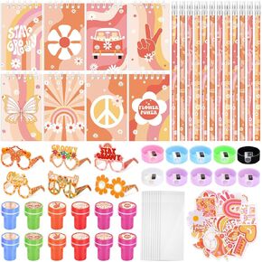 Honoson 122 Pcs Groovy Party Favors Retro Hippie Birthday Gifts Set Supplies Boho Notepad Pencil Stamp Sharpener Glasses Sticker Bags for Kids Classroom Baby Shower Prizes Rewards Supplies