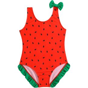 Girls Allover Print Scoop Neck Ruffle Trim One Piece Swimsuit Watermelon Print Cute Bathing Suits Beachwear Red 4Y in Saudi Arabia