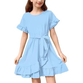BesserBay Girls Summer Short Sleeve Ruffle Trim Tie Waist Midi Dress 5-14 Years