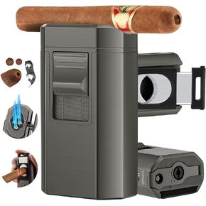 FANKAI Cigar Lighter and Cigar Cutter Set, Torch Lighter with Dual Cigar Punch, Cigar Holder Cigar Accessories, Refillable Butane Lighter, Cigar Lighters Torch, Luxury Cigar Gift for Men