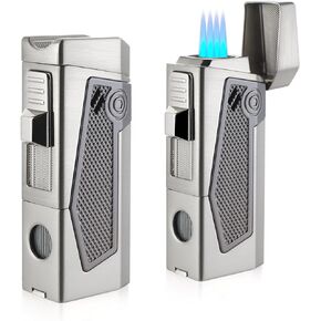Torch Lighter 4 Torch Jet Flame, Refillable Butane Lighter, Windproof Lighter with Punch & Refillable Torch with Gift Box - Butane Not Included (Gray)
