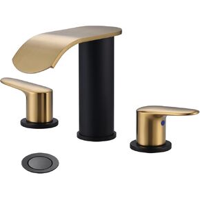 WOWOW Waterfall Bathroom Faucet 3 Holes 8Inch Widespread Bathroom Sink Faucet, Two Handles Lavatory Vanity Sink Faucets with Pop-up Drain & Supply Hoses, Modern Faucet Mixer Taps Black and Gold
