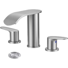WOWOW Waterfall Bathroom Faucet 3 Holes 8Inch Widespread Bathroom Sink Faucet, Two Handles Lavatory Vanity Sink Faucets with Pop-up Drain & Supply Hoses, Modern Faucet Mixer Taps Black and Gold