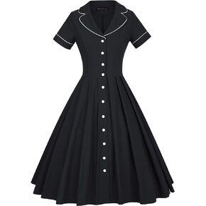 GownTown Women's 1950s Vintage Short Sleeves Notch Lapel Swing Dress